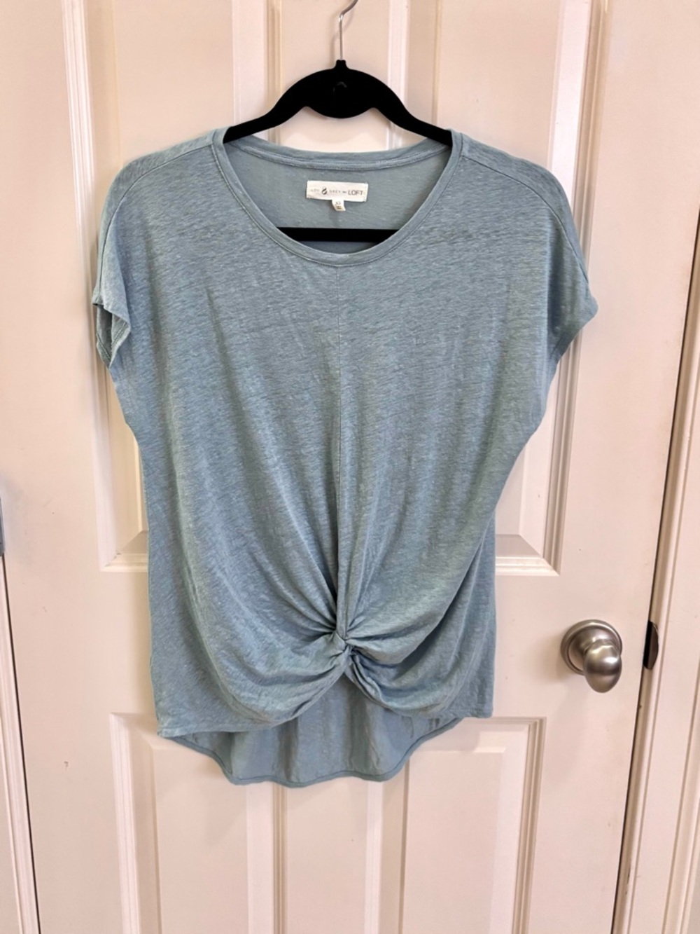 Lou & Grey Aqua Blue Linen Twist-Front Short Sleeve Tee Size-X Small